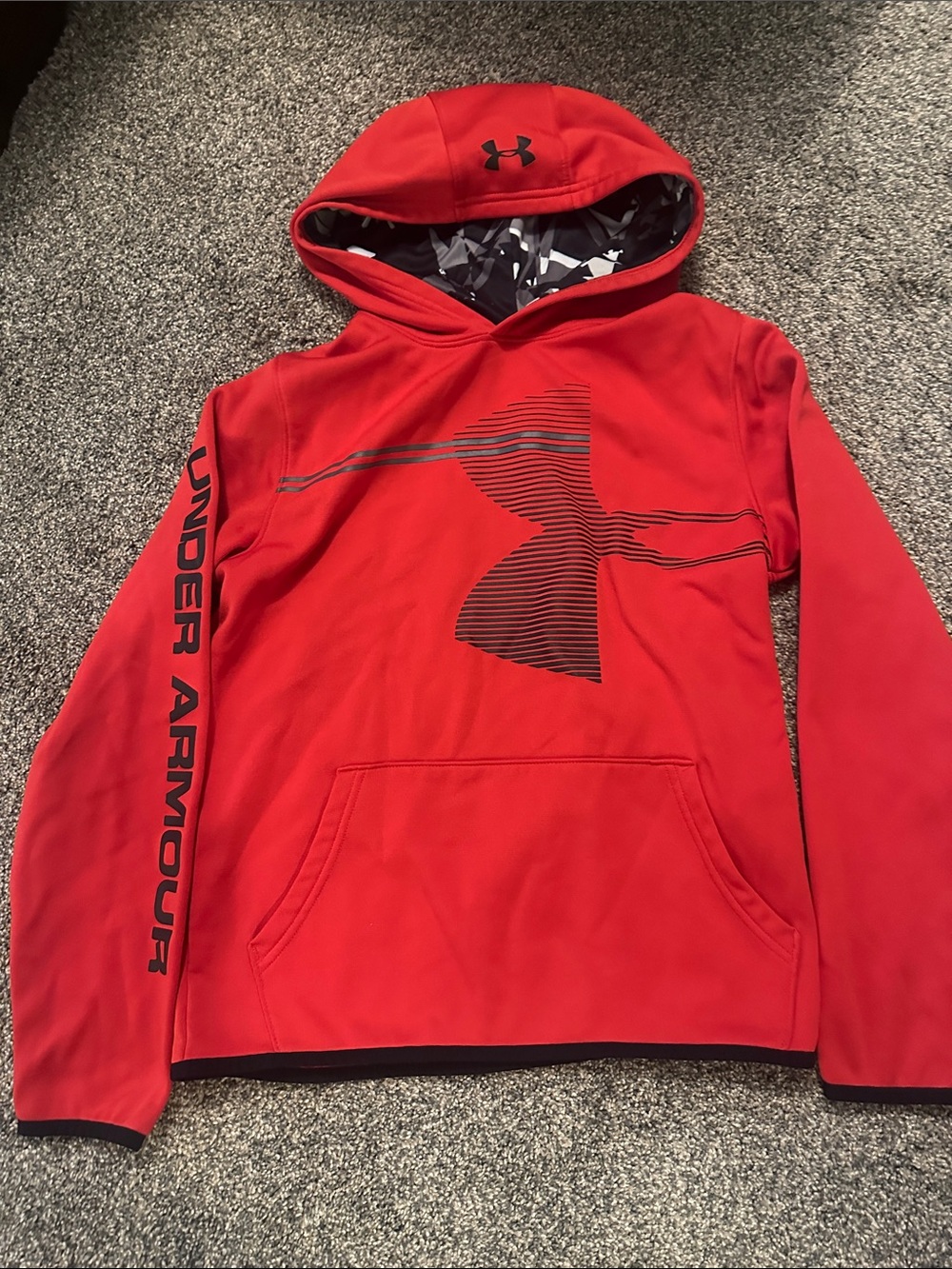 Under Armour Red Hoodie with Black Logo and Sleeve Text
